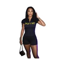 Conjunto Casual Esportivo Feminino De 2 Peças Com Estampa De Letras, Tops Cropped Com Zíper E