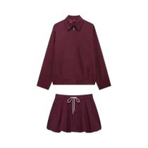 Conjunto Casual Feminino De 2 Peças Com Saia Mini De Manga Lanterninha E Jaqueta Decorativa Com Conjunto Casual Feminino De 2 Peças Com Saia Mini De Manga Lanterninha E Jaqueta Decorativa Com