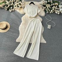 Conjunto Casual Feminino De Verão Em Duas Peças, Top Cropped De Manga Curta E Calças De Perna Larga,