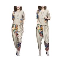 Conjunto Casual Feminino De Verão Slim Fit Em Algodão E Linho Com Camiseta De Manga Curta E Calças