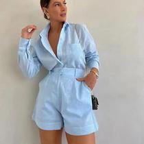 Conjunto Casual Feminino Verão - Blusa de Manga Longa e Calças Curtas