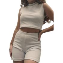 Conjunto casual, shorts e camiseta gola alta, feminino - Marzze Store