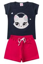 Conjunto Cat com Orelhinnhas Marinho - Blusa e Shorts