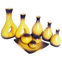 Conjunto Centro de Mesa com Trio de Garrafas e Par de Vasos - Amarelo Mescla