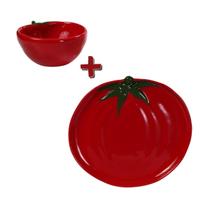 Conjunto Cerâmica Tomate Bowl e Prato Bandeja Mesa Posta
