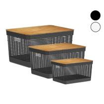 Conjunto cesto grid c tampa bambu 3 unid ou