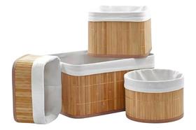 Conjunto Cestos Organizadores Em Bambu Natural Kit Caixas Balaios Multiusos Decorativos Sustentável 4 Peças Grande, Médio, Pequeno E Redondos