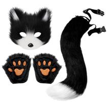 Conjunto Chaveiro Cauda de Raposa, Luvas Patas de Gato e Máscara de Lobo Therian