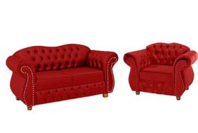 Conjunto Chesterfield Merlo 1 Namoradeira + 1 poltrona Suede vermelho/ decoração, recepção, sala tv estar