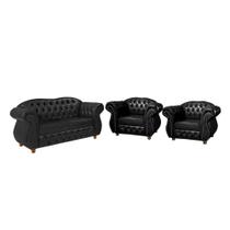Conjunto Chesterfield Merlo Namoradeira c/ 2 Poltronas - Corano Preto / decoração, recepção, sala tv estar
