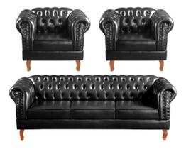 Conjunto Chesterfield Sofá Dom Pedro 3 Lugares + 2 Poltronas Botonê Vintage Retrô