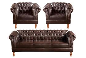Conjunto Chesterfield Sofá Dom Pedro 3 Lugares + 2 Poltronas Botonê Vintage Retrô