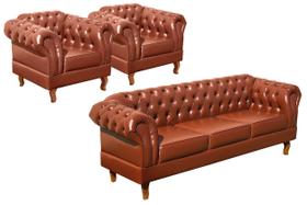 Conjunto Chesterfield Sofá Dom Pedro 3 Lugares + 2 Poltronas Botonê Vintage Retrô
