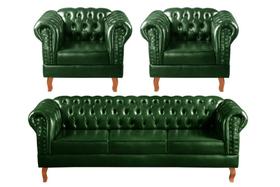 Conjunto Chesterfield Sofá Dom Pedro 3 Lugares + 2 Poltronas Botonê Vintage Retrô