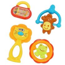 Conjunto Chocalhos Infantil Para Bebê +3 Meses Com 4 Brinquedos Com Formas e Texturas Diferentes Buba