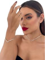Conjunto Choker Aro V + Bracelete Folheado a Prata 925 Tendencia 2025