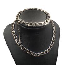 Conjunto Choker e Pulseira Feminino elo Figaro de 8mm de Largura Aço Inox 35cm a 45cm pulseira regulável com Extensor