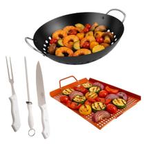 Conjunto Churrasco Prana 5 Peças Wok Bandeja Faca Garfo Chaira Kit Chef Gourmet Cozinha Corte Profissional Resistente