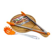 Conjunto Churrasco Tabua Bambu Pegador e Massa Silicone Laranja Gourmet