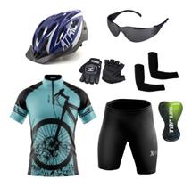 Conjunto Ciclismo Camisa C/ Proteção UV e Bermuda C/ Forro Interno + Capacete de Ciclismo Atrio C/ Luz Led + Par de Luvas Kode + Óculos de Proteção Pr - XFreedom Atrio Kode