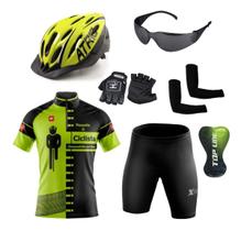 Conjunto Ciclismo Camisa C/ Proteção UV e Bermuda C/ Forro Interno + Capacete de Ciclismo Atrio C/ Luz Led + Par de Luvas Kode + Óculos de Proteção Pr