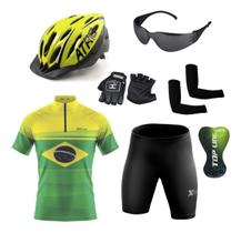 Conjunto Ciclismo Camisa C/ Proteção UV e Bermuda C/ Forro Interno + Capacete de Ciclismo Atrio C/ Luz Led + Par de Luvas Kode + Óculos de Proteção Pr - XFreedom Atrio Kode