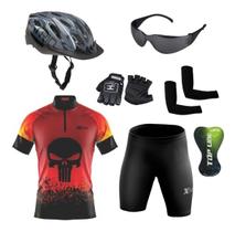 Conjunto Ciclismo Camisa C/ Proteção UV e Bermuda C/ Forro Interno + Capacete de Ciclismo Atrio C/ Luz Led + Par de Luvas Kode + Óculos de Proteção Pr