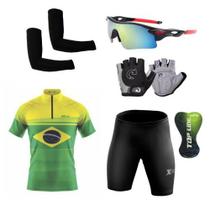 Conjunto Ciclismo Camisa c/ Proteção UV e Bermuda c/ Gel + Luvas Ciclismo + Óculos + Manguitos