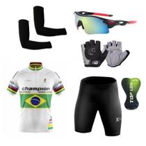 Conjunto Ciclismo Camisa c/ Proteção UV e Bermuda c/ Gel + Luvas Ciclismo + Óculos + Manguitos