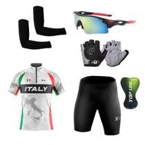 Conjunto Ciclismo Camisa c/ Proteção UV e Bermuda c/ Gel + Luvas Ciclismo + Óculos + Manguitos