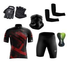 Conjunto Ciclismo Camisa C/ Proteção UV e Bermuda C/ Proteção em Gel + Par de Luvas Kode + Par de Manguitos + Bandana - XFreedom Kode