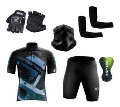 Conjunto Ciclismo Camisa C/ Proteção UV e Bermuda C/ Proteção em Gel + Par de Luvas Kode + Par de Manguitos + Bandana - XFreedom Kode