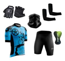 Conjunto Ciclismo Camisa C/ Proteção UV e Bermuda C/ Proteção em Gel + Par de Luvas Kode + Par de Manguitos + Bandana - XFreedom Kode