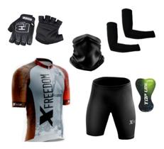 Conjunto Ciclismo Camisa C/ Proteção UV e Bermuda C/ Proteção em Gel + Par de Luvas Kode + Par de Manguitos + Bandana