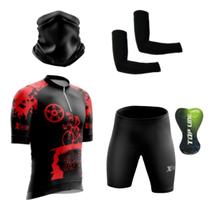 Conjunto Ciclismo Camisa C/ Proteção UV e Bermuda C/ Proteção em Gel + Par de Manguitos + Bandana