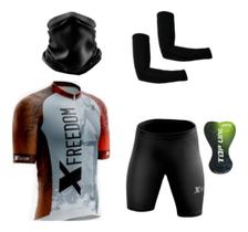 Conjunto Ciclismo Camisa C/ Proteção UV e Bermuda C/ Proteção em Gel + Par de Manguitos + Bandana - XFreedom