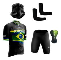Conjunto Ciclismo Camisa C/ Proteção UV e Bermuda C/ Proteção em Gel + Par de Manguitos + Bandana