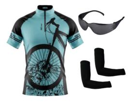 Conjunto Ciclismo Camisa C/ Proteção UV e Bermuda C/ Proteção UV + Óculos Esportivo Espelhado + Par de Manguitos - XFreedom