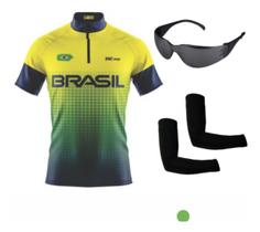 Conjunto Ciclismo Camisa C/ Proteção UV e Bermuda C/ Proteção UV + Óculos Esportivo Espelhado + Par de Manguitos
