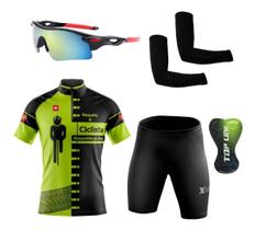 Conjunto Ciclismo Camisa C/ Proteção UV e Bermuda C/ Proteção UV + Óculos Esportivo Espelhado + Par de Manguitos - XFreedom