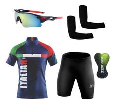 Conjunto Ciclismo Camisa C/ Proteção UV e Bermuda C/ Proteção UV + Óculos Esportivo Espelhado + Par de Manguitos