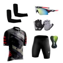 Conjunto Ciclismo Camisa C/ Proteção UV e Bermuda em Gel + Luvas Ciclismo + Óculos Esportivo + Manguito