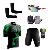 Conjunto Ciclismo Camisa C/ Proteção UV e Bermuda em Gel + Luvas Ciclismo + Óculos Esportivo + Manguito