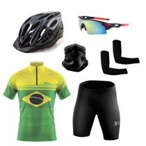 Conjunto Ciclismo Camisa e Bermuda C/ Proteção UV + Capacete Ciclismo + Luva de Ciclismo + Óculos Esportivo + Manguito + Bandana