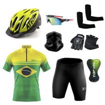 Conjunto Ciclismo Camisa e Bermuda + Capacete de Ciclismo C/ Luz LED + Luvas de Ciclismo + Óculos Esportivo + Par de Manguitos + Bandana - XFreedom