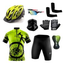 Conjunto Ciclismo Camisa e Bermuda + Capacete de Ciclismo C/ Luz LED + Luvas de Ciclismo + Óculos Esportivo + Par de Manguitos + Bandana