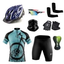 Conjunto Ciclismo Camisa e Bermuda + Capacete de Ciclismo C/ Luz LED + Luvas de Ciclismo + Óculos Esportivo + Par de Manguitos + Bandana