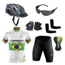 Conjunto Ciclismo Camisa e Bermuda + Capacete de Ciclismo C/ Luz LED + Luvas de Ciclismo + Óculos Esportivo + Par de Manguitos