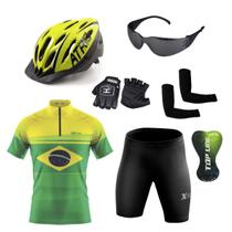 Conjunto Ciclismo Camisa e Bermuda + Capacete de Ciclismo C/ Luz LED + Luvas de Ciclismo + Óculos Esportivo + Par de Manguitos - XFreedom