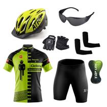 Conjunto Ciclismo Camisa e Bermuda + Capacete de Ciclismo C/ Luz LED + Luvas de Ciclismo + Óculos Esportivo + Par de Manguitos - XFreedom